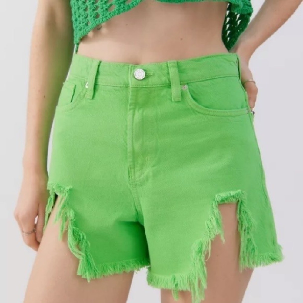 BDG A-Line Denim Shorts Neon Green Distressed 27 Festival Rave Retro